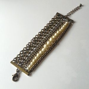 Vintage Bracelet Wide Heavy Pearls Chains Brass Colour Trendy